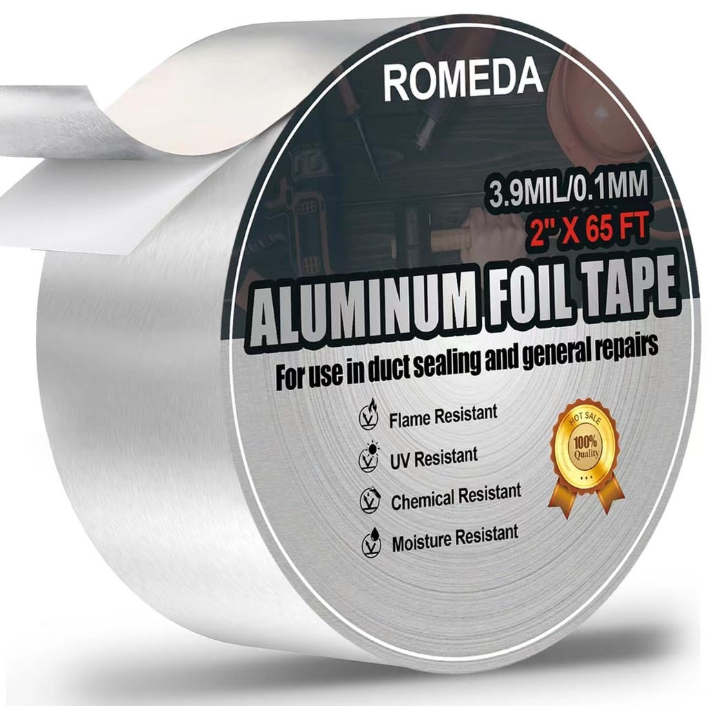 Aluminum Foil Tape, 2 inch x 65 Feet (3.9 mil), Insulation Adhesive Metal High Temperature Heavy Duty HVAC Tape, Silver for Ductwork, Dryer Vent, HVAC
