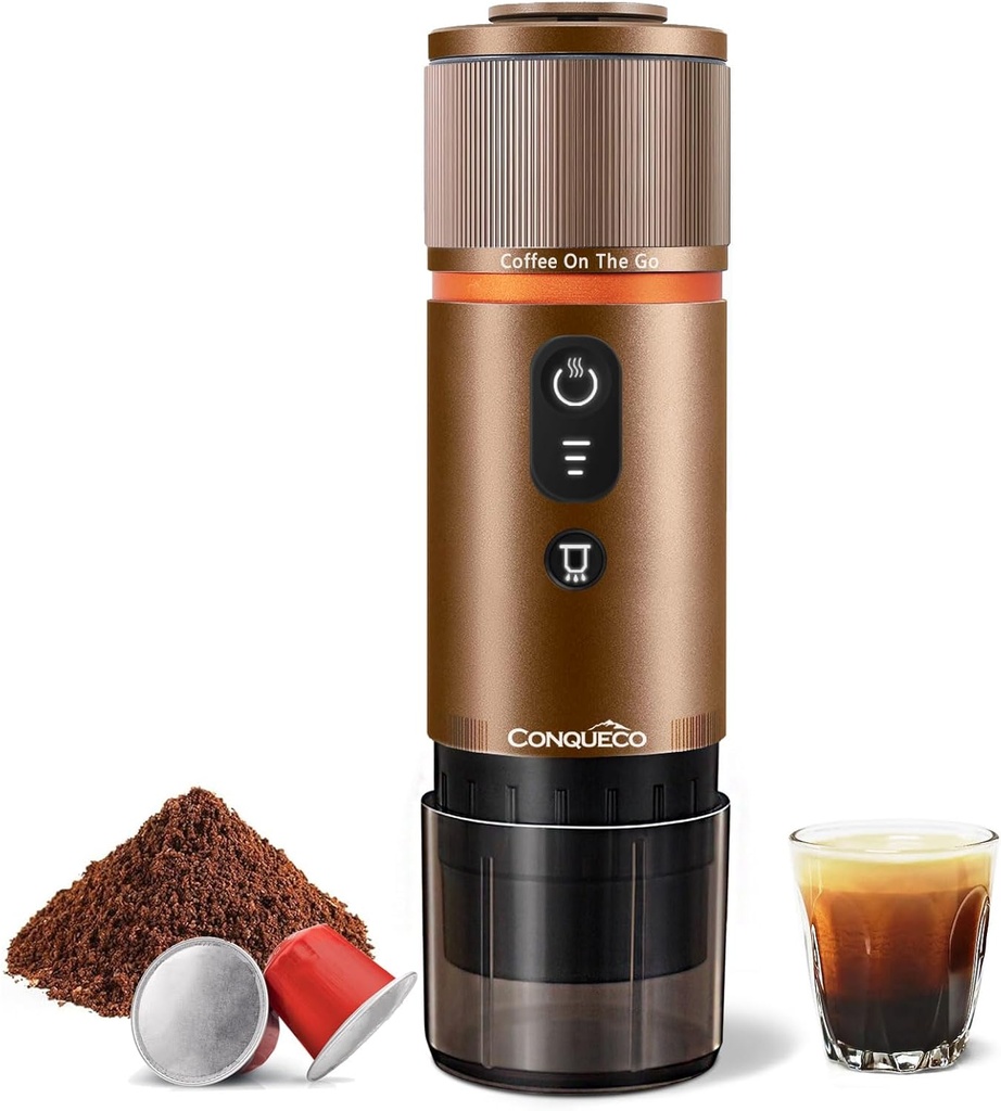 CONQUECO Portable Espresso Coffee Machine: 12V Electric Small Travel Expresso Maker - Self Heating 8 Cups Battery Powered Compatible for Nespresso Capsule - for Camping RV Hiking Office (Brown)