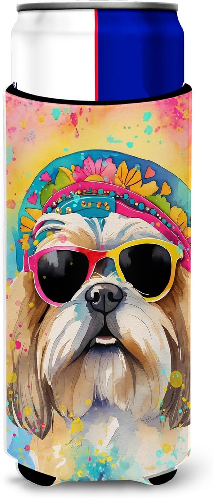 Caroline's Treasures Shih Tzu Hippie Dawg Hugger for Ultra Slim Cans Can Cooler Sleeve Hugger Machine Washable Drink Sleeve Hugger Collapsible Insulator Beverage Insulated Holder
