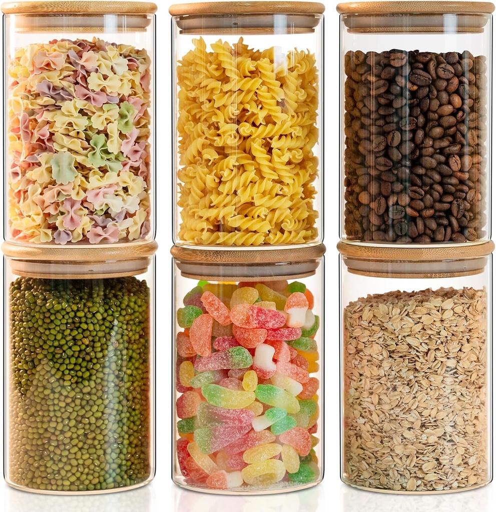 Liuruiyu Glass Food Storage Jars 6-Pack 37oz - 4x6 in-Clear Glass Food Canisters with Bamboo Lid Airtight For Serving Tea, Coffee, Flour, Sugar, Candy, Cookie, Spice and More (Circular)