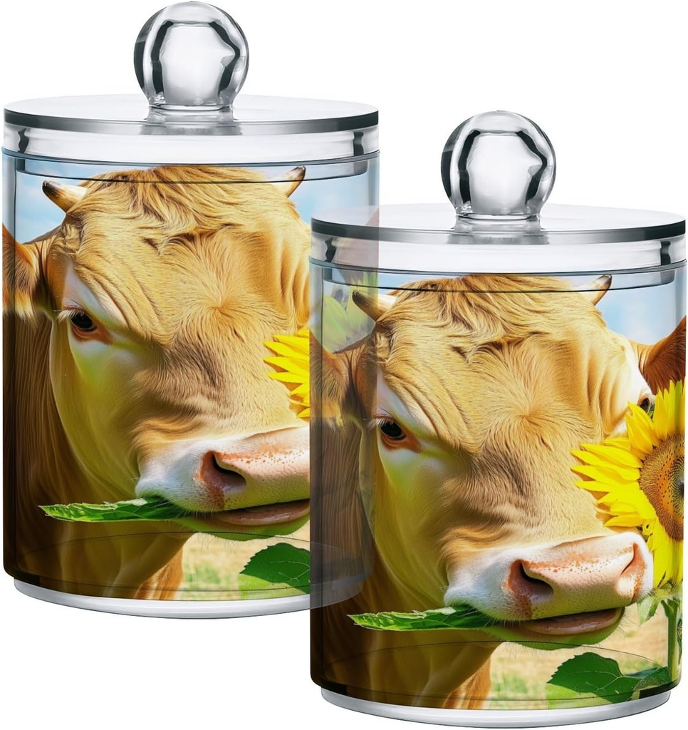Acrylic Plastic Clear Jar with Lid, Cow Eat Sunflower Airtight Storage Jar 2 Pack Kitchen Storage Containers for Cookie Snack Candy