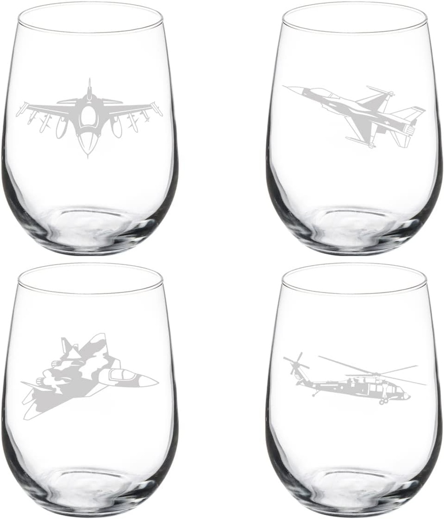MIP Set of 4 Wine Glass Gift Goblet Military Aviation Military Planes and Helicopter (17 oz Stemless)