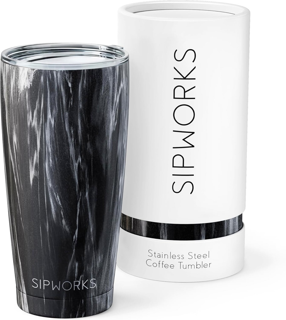 Sipworks Stainless Steel Coffee Tumbler: Double-Wall Vacuum Insulated Spill-proof Travel Mug Metal Coffee Cup with Lid, 20-Ounce Gray Marble