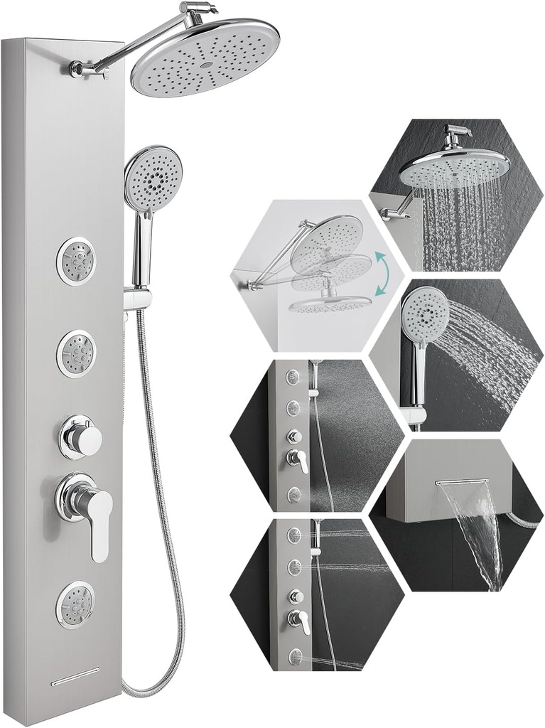 Shower Panel Tower System with Adjustable Shower Head, Self-Cleaning Shower Tower with 2-Setting Powerful Body Jets and 5-Function Handheld Shower, Shower Column Brushed Stainless Steel