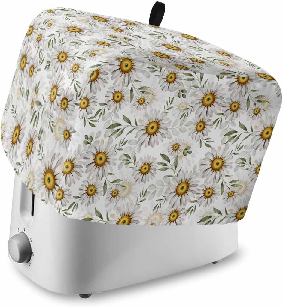 White Daisies Toaster Cover 2 Slice, Kitchen Appliance Covers with Pocket & Loop, Pastoral Farmhouse Botanical Flowers Leaf Polyester Bread Machine Covers Dust & Fingerprint Protection