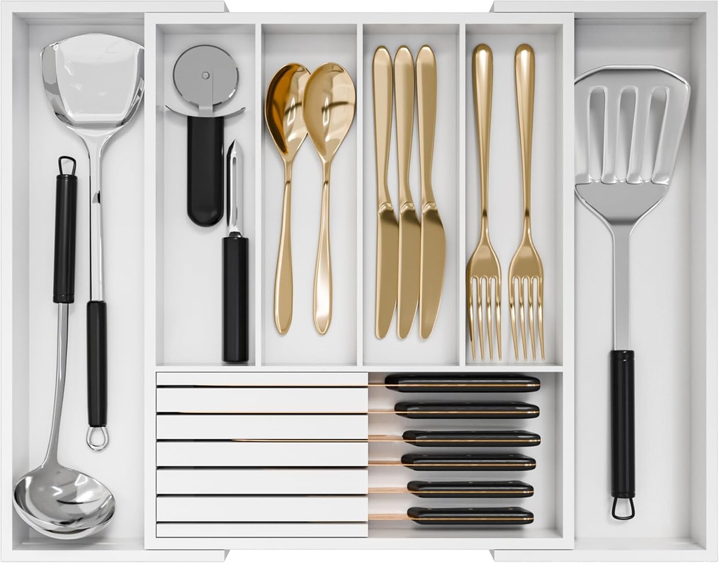 Bamboo Kitchen Silverware Drawer Organizer - Expandable Wood Utensil Holder with Dividers, Luxury Cutlery Storage Tray for Kitchen Utensil and Flatware (5-7 Slots with Removable Knife Block, (White)