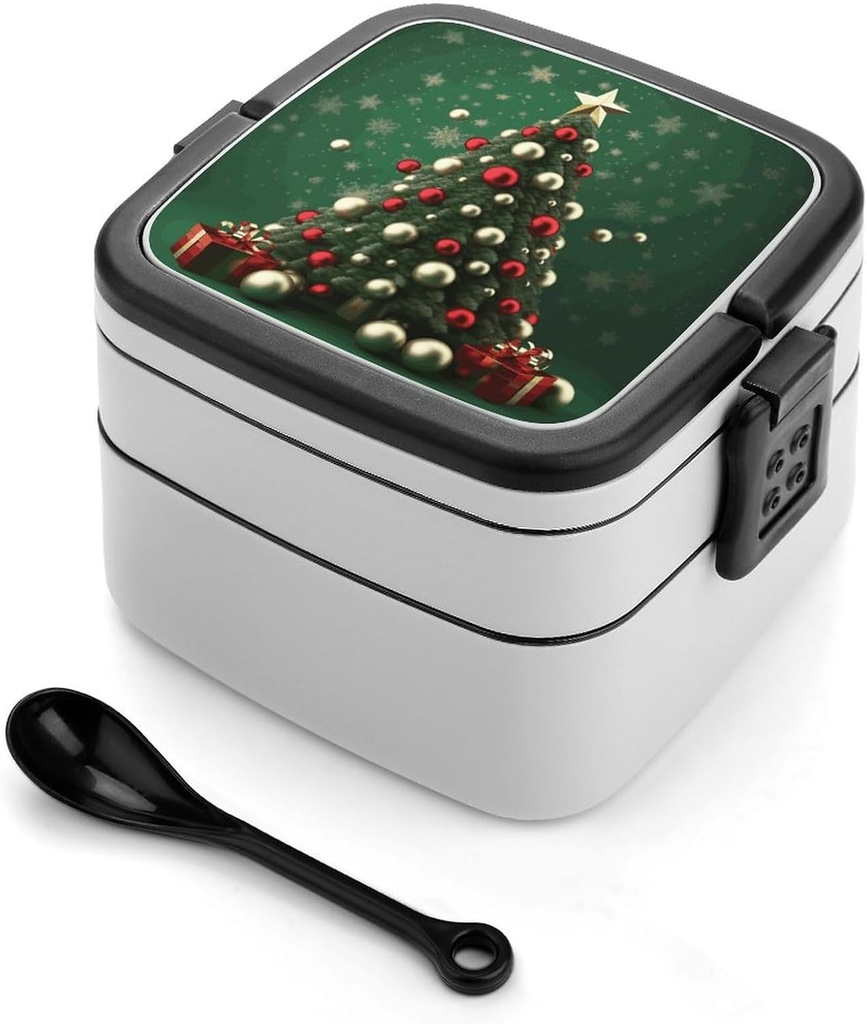 Round Ball Christmas Tree Bento Box Adult Lunch Box All-in-One Lunch Containers with Removable Compartments Double Layer Bento Lunch Box with Spoon And Handle Stackable Lunchbox