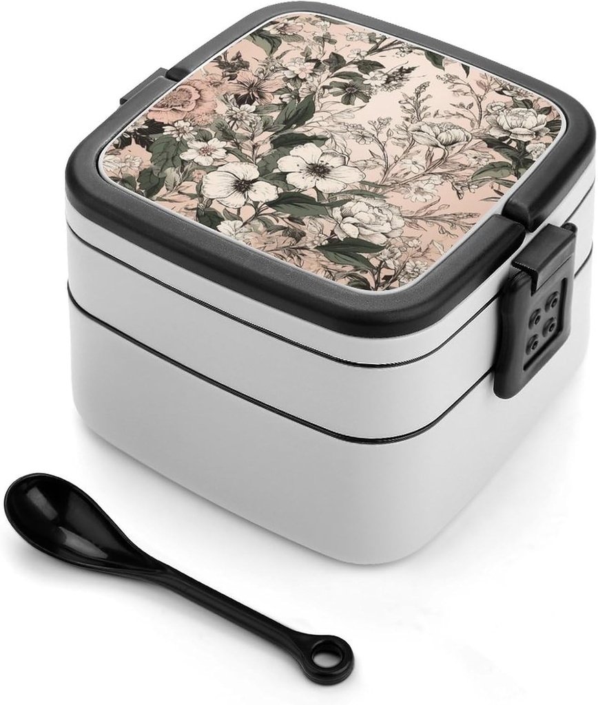 Bento Box Adult Lunch Box with Compartments Green Flowers Portable Lunchbox Large Size Bento Lunch Containers Double Layered Lunch Box for Work Picnic Travel