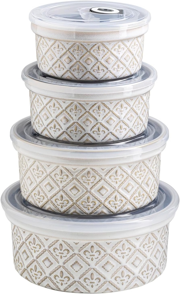 Airtight Food Storage Containers with Lids Mixing Bowls Set, Ceramic Serving Bowls with Lids Set of 4, 12/16/28/40 oz Stackable Nesting Salad Bowls for Cooking, Baking, Ramen - Beige