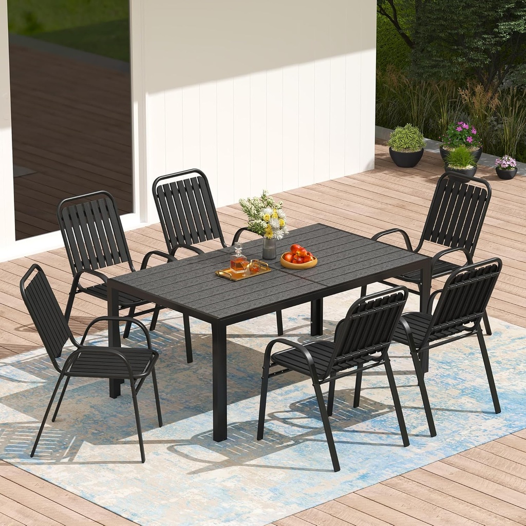 PIZZELLO 7-Piece Outdoor Patio Dining Set, 6 Stackable Patio Chairs and Rectangular Dining Table, All Weather HDPE Outdoor Table and Chairs Set for Backyard, Garden, Deck and Poolside