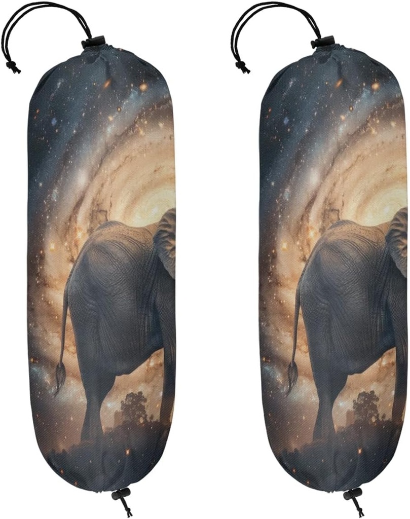 Galaxy African Elephant Plastic Bag Holders Set of 2, Reusable Grocery Bag Storage Organizer Shopping Bag Holder Hanging Trash Bag for Home Kitchen Decor