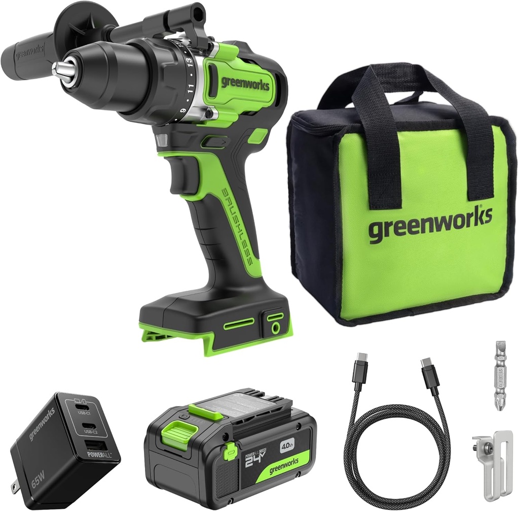 Greenworks 24V Cordless Brushless 800 in-lbs Drill/Driver, Professional Grade,21 Clutch, 4.0Ah USB-C Battery (24,000mAh Power Bank),65W USB-C Fast Charger(3-Port) and USB C to USB C Cable(3.3FT)