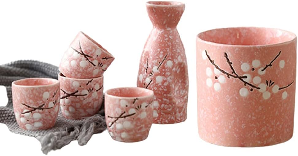 Sake Set Japanese Sake Pot Set Traditional Sake Cup Hand Painted Design Porcelain Pottery Ceramic Crafts Wine Glasses Cups 6 Piece,H,practical