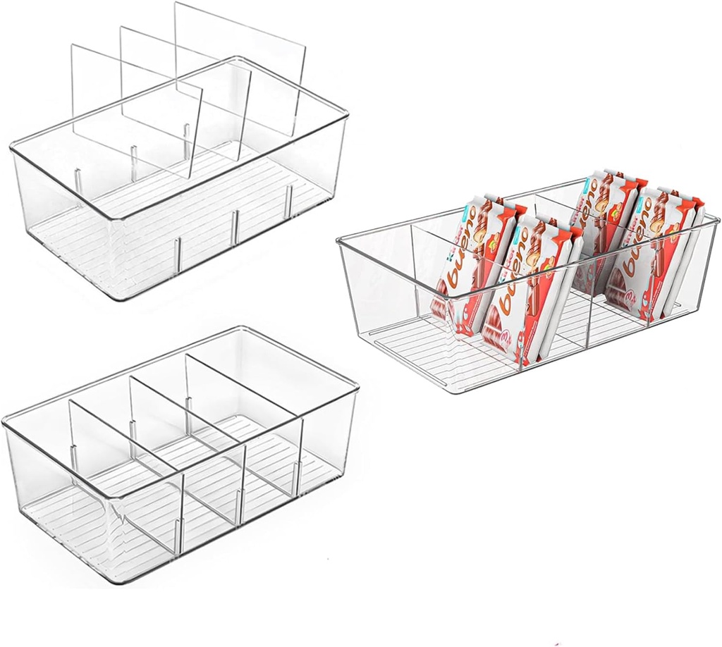 Pantry Organizers and Storage,Kitchen Organizers and Storage for Fridge,Drawer and Refrigerator - Spice Organization for Cabinet,Clear Plastic Stackable Storage Organizer Bins with 3 Dividers (3 Pcs)