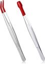 2 Pcs Tweezers with Rubber Tips, PVC Coated Precision Tweezers Long Stainless Steel Tweezer for Crafts Stamps Coins Jewelry Industrial Electronic Lab (Red)