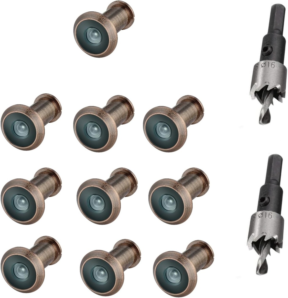 TOGU 10PCS of 220-degree Solid Brass Peep Holes for Door with 16mm Drill Bit, Compatible with Door Thick from 1-3/8" to 2-1/6", Antique Copper Finish