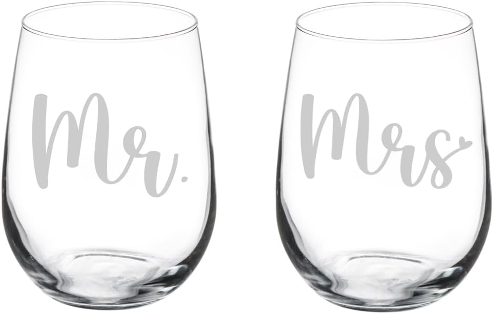 Set of 2 Wine Glass Goblet Gift Mr Mrs Wedding Bride Groom Husband Wife Wedding Couple Engagement (17 oz Stemless)