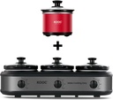 KOOC Small Slow Cooker, 0.65 Quart, Sauces, Stews & Dips, Stainless Steel, Red, Round + Triple Slow Cooker Buffet Server 3x1.5 Quart Individual Temp Control With Lid Rests & Spoons Grey