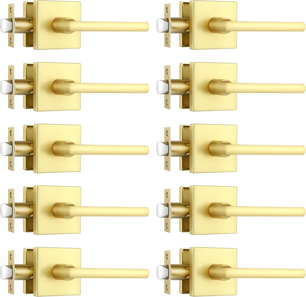 10 Pack Brass Passage Door Handle,Gold Handle Passage Gold Door Knob for Hall and Closet, Satin Brass Finish