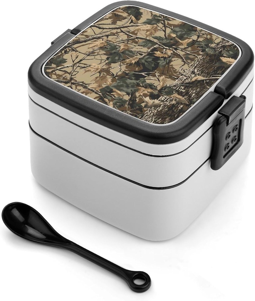 Hunting Camouflage Leaves Pattern Portable Bento Box with Handle 2 Compartment Leak-Proof Stackable Lunch Box for Work Picnic Camping