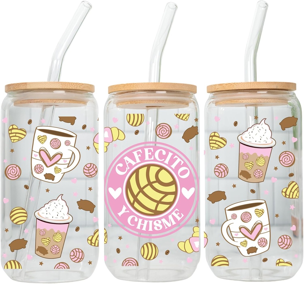 Glass Can Cup with Bamboo Lid and Glass Straw – “Coffee & Chisme” Design – Cute Iced Coffee Cup with Conchas and Hearts, 20oz – Gift for Coffee Lovers, Latina Aesthetic Cup (1 Count) (Cafe y chisme)