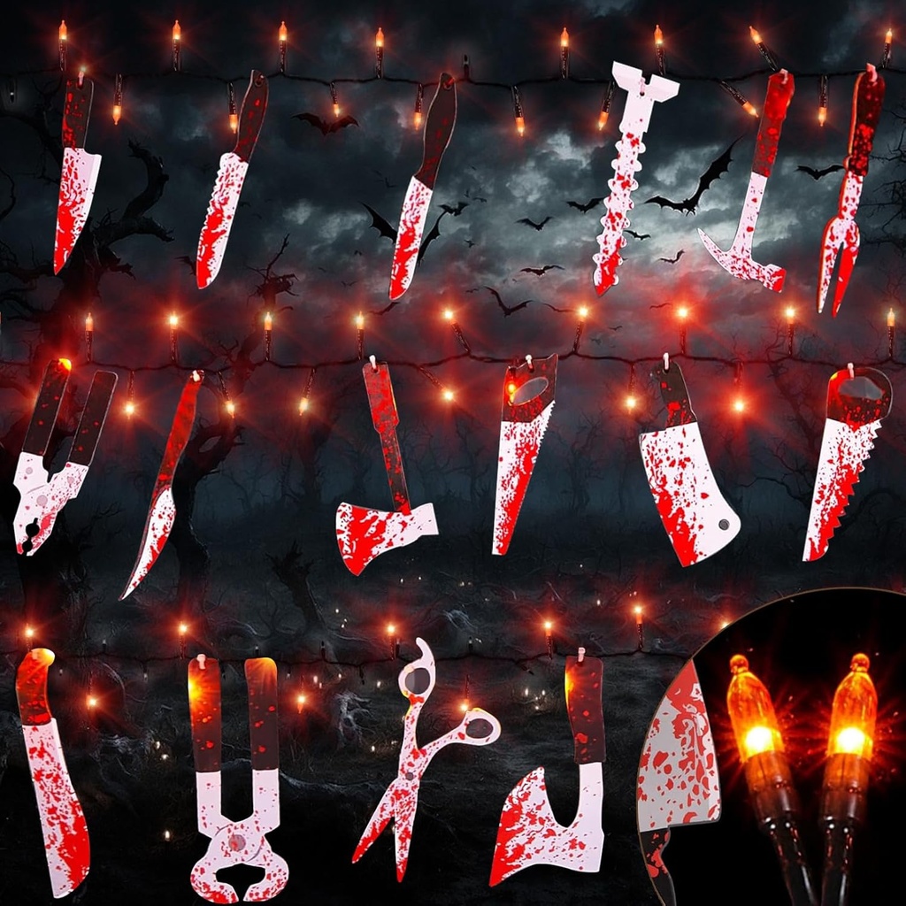 8 Modes Halloween Party Decorations Props, 12 FT Halloween String Lights with 16 Fake Bloody Knives & 50 LED Orange Bulbs, Horror Scary Garland House Home Decor