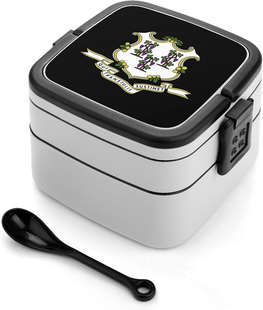 Connecticut Flag Stackable Bento Box for Adults Double Layer Lunch Boxes Set with Spoon And Invisible Handle
