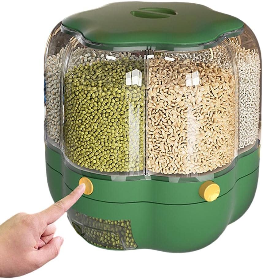 Enfudid Food Grain Storage Container Large Capacity 6-Grid Rice Dispenser, Rotatable Sealed Grain Food Storage Box Rice Bucket Dry Food Fruit Box Kitchen Storage Bucket for Home Kitchen- Green 14.3LB