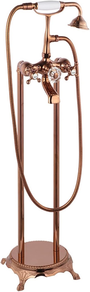 Bathtub Faucet Rose Gold Bath Tap Free Standing Tub Mixer Tap Brass Double Cross Knobs Floor Mount Tub Filler with Handheld Shower Telephone Shape