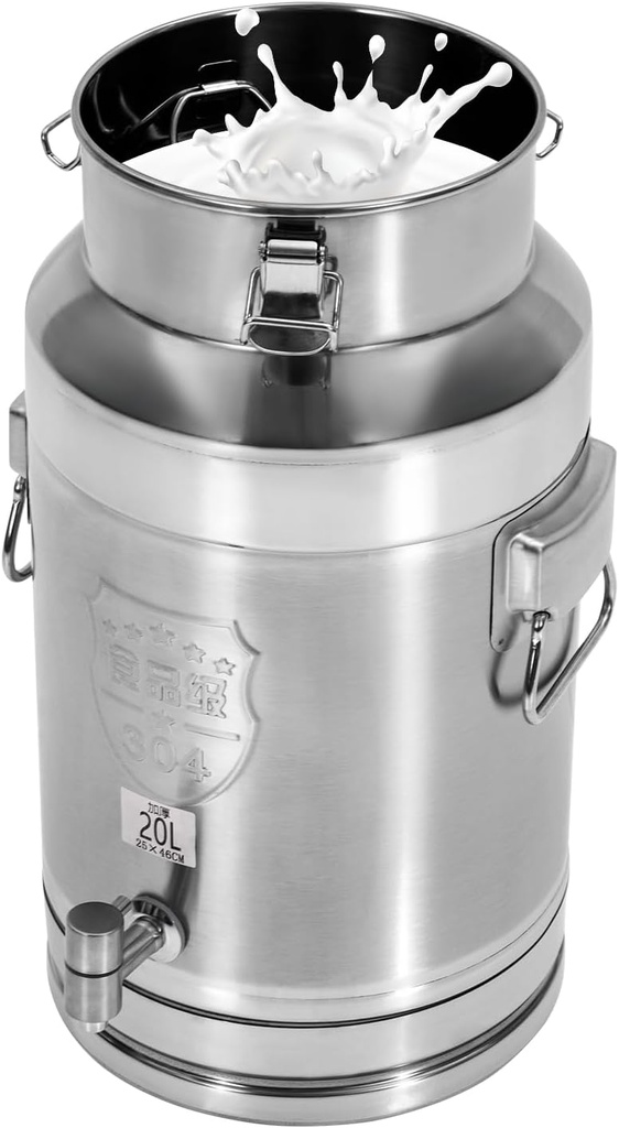 304 Stainless Steel Milk Can with Spigot, 5.28 Gallon 20 Liter Metal Water Beverage Drink Dispenser Milk Pail Bucket Milk Transport Barrel for Milk Wine Oil (20L)