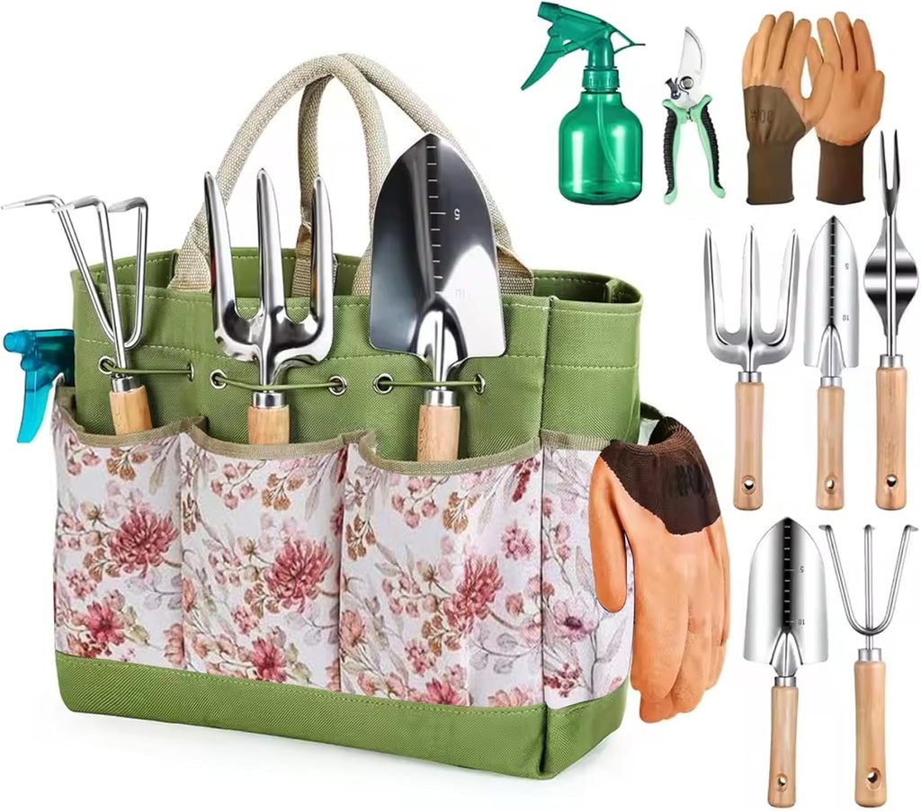 9-Piece Heavy Duty Gardening Tool Set, Stainless Steel Garden Hand Tools with Storage Bag & Anti-Slip Rubber Gloves, Gardening Gifts for Women & Men