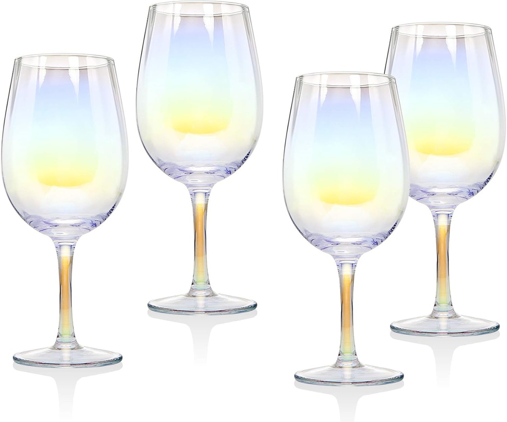 Godinger Stem Wine Glasses Goblet Glasses, Glass Cups Beverage Cups, Handmade Glasses, Iridescent – Set of 4, Monterey Collection