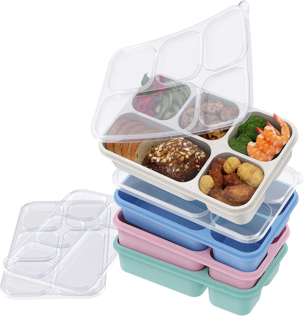Bento Lunch Box 4-Pack, 5-Compartment Lunch Boxes, Kids Snack Boxes, Stackable Ready Parties, Divided Food Storage Containers for School Work Travel Parties BBQ (Wheat.q)