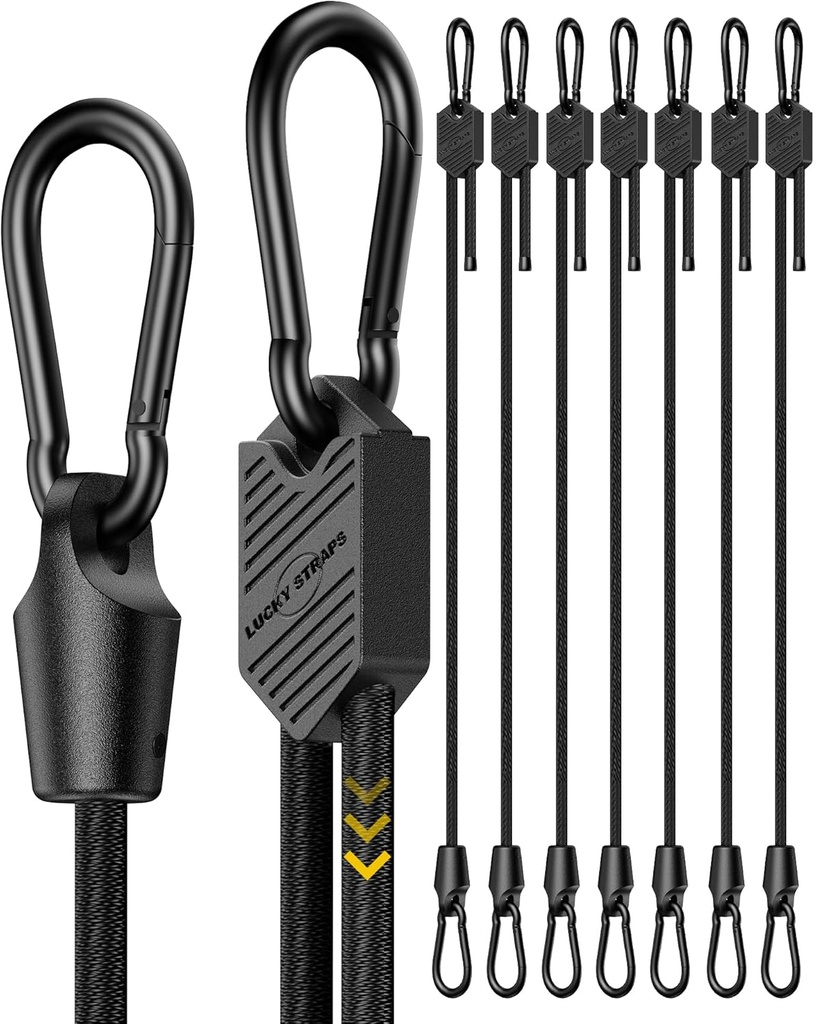 8 Pcs 48 Inch Adjustable Carabiner Bungee Cords with Hooks, Easy to Adjust from 7" to 48", Black Bungee Straps with UV-Resistance & Superior Elasticity for Cargo, Bike, Luggage, Carts, Truck, etc
