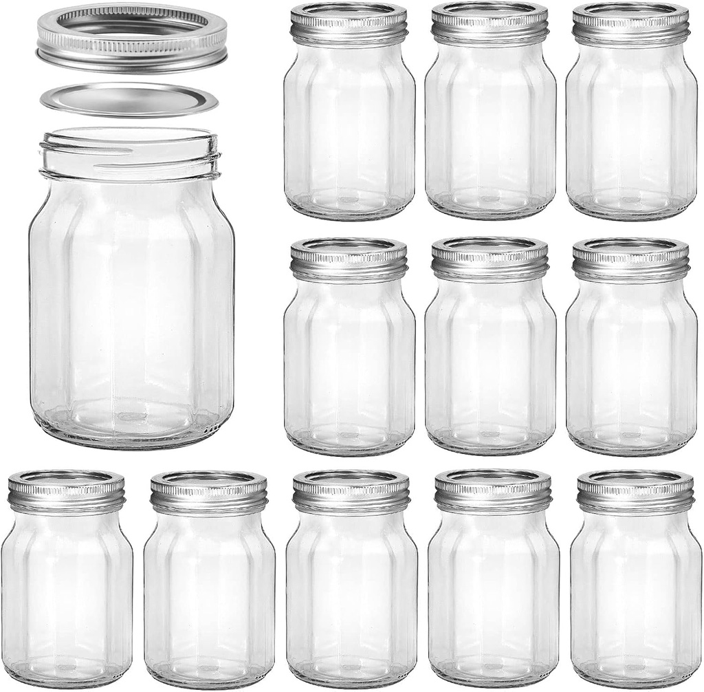 KAMOTA Mason Jars 16oz, 12 Pack Glass Canning Jars With Regular Lids and Bands, Ideal for Jam, Honey, Wedding Favors, Shower Favors, DIY Spice Jars, 12 PACK, 20 Whiteboard Labels Included…