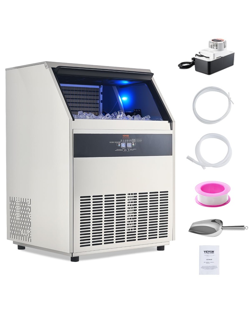 VEVOR 440lbs/24H Commercial Ice Maker Machine with Drain Pump, 110lbs Storage Capacity Ice Maker, 160 Ice Cubes in 15 Minutes, LED Digital Display Freestanding Self-Cleaning for Bar Office Restaurant