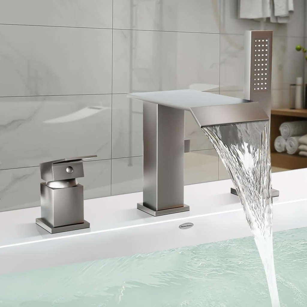 Brushed Nickel Roman Tub Faucet with Hand Shower, Wathels Deck Mount Bathtub Faucet with Sprayer,Wide Waterfall Tub Filler Widespread 3 Holes Bathtub Faucet Solid Brass