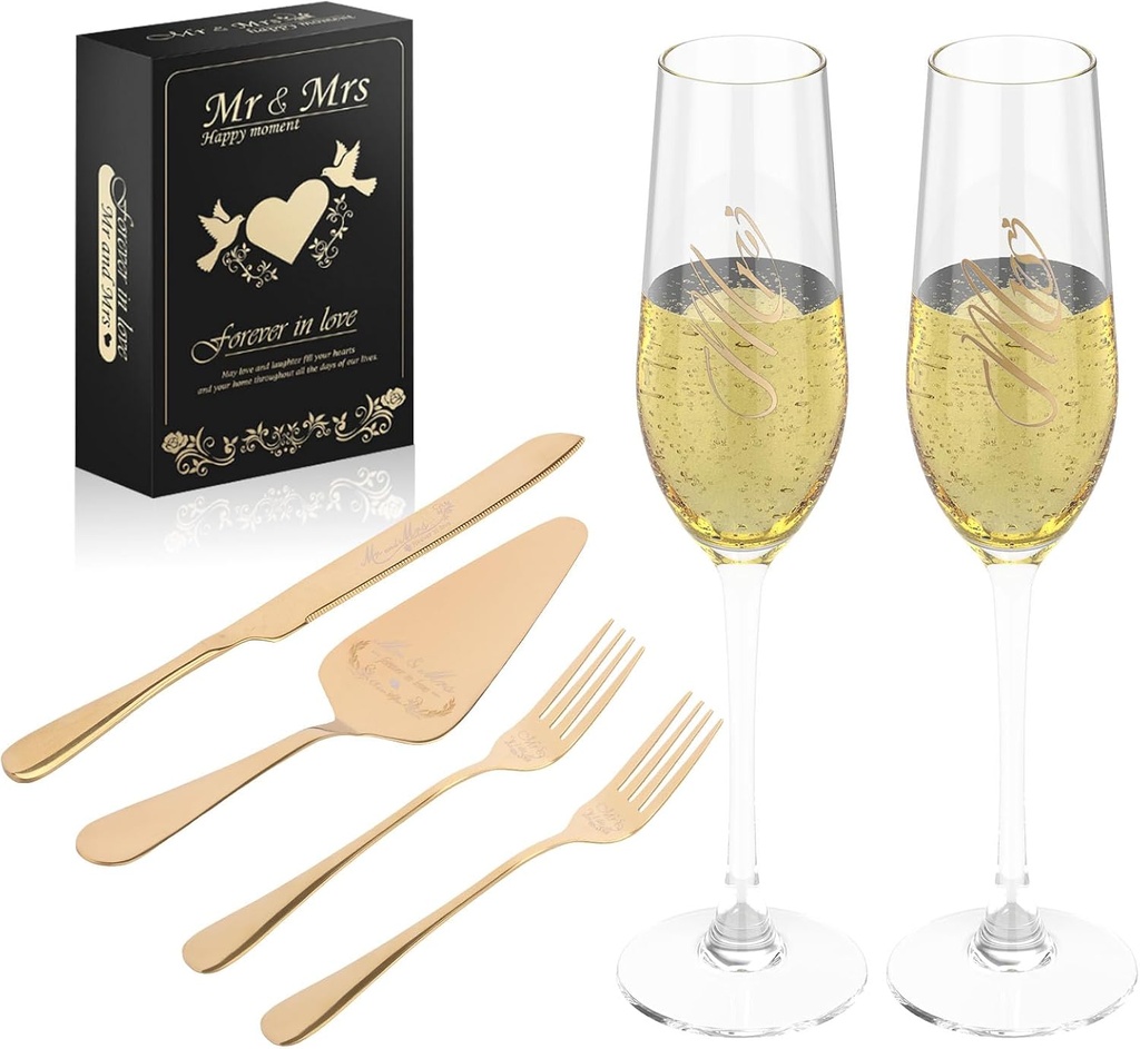 Mr and Mrs Champagne Flutes Stainless Steel Cake Knife and Server Set Gold Elegant Cake Cutting Utensils for Bridal Shower(golden,6pcs)