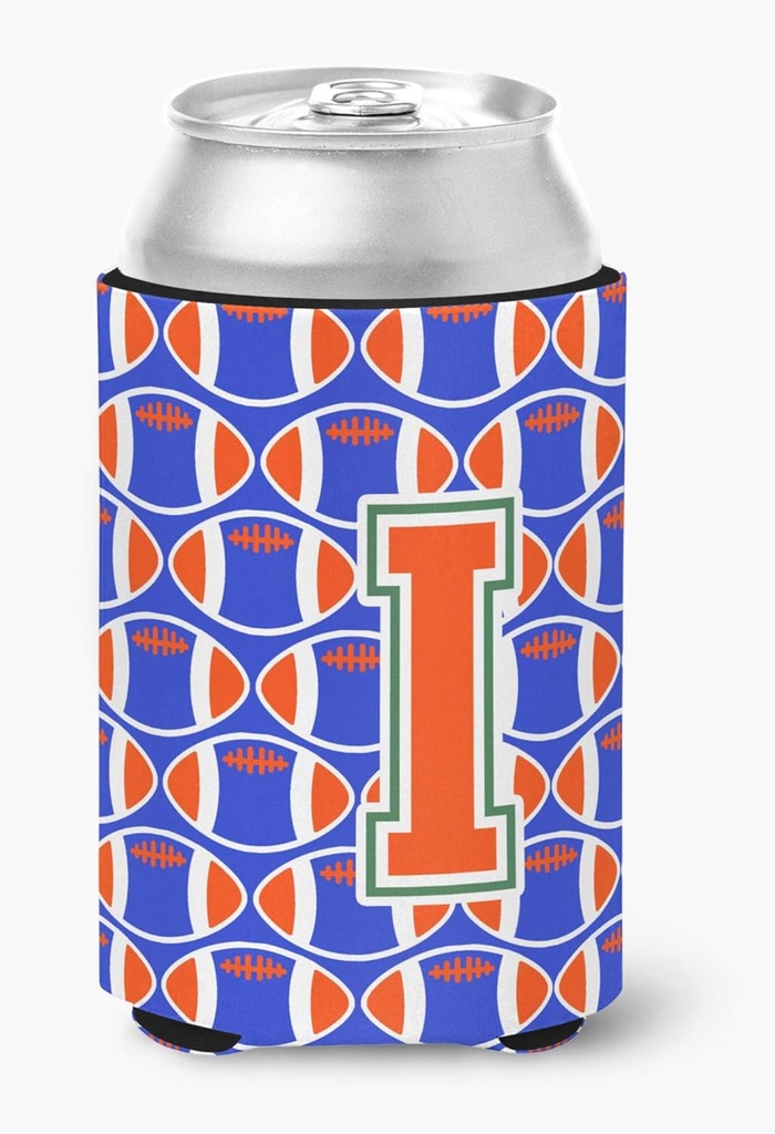 Caroline's Treasures CJ1083-ICC Letter I Football Green, Blue and Orange Can or Bottle Hugger Cooler Washable Drink Sleeve Collapsible Beverage Insulated Holder, Can Hugger, Multicolor