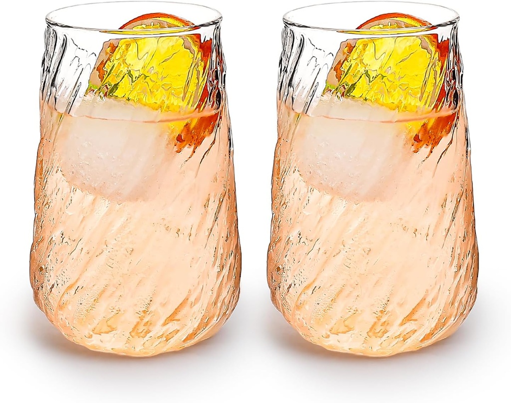 Koythin 2-Piece Ribbed Glass Cups, Vintage Drinking Glassware for Iced Coffee Juice Cocktails Milk Tea Beer, 14 oz/400 ml Cute Cute Bubble Cup with Spiral Tree Texture (Irregular Twill)