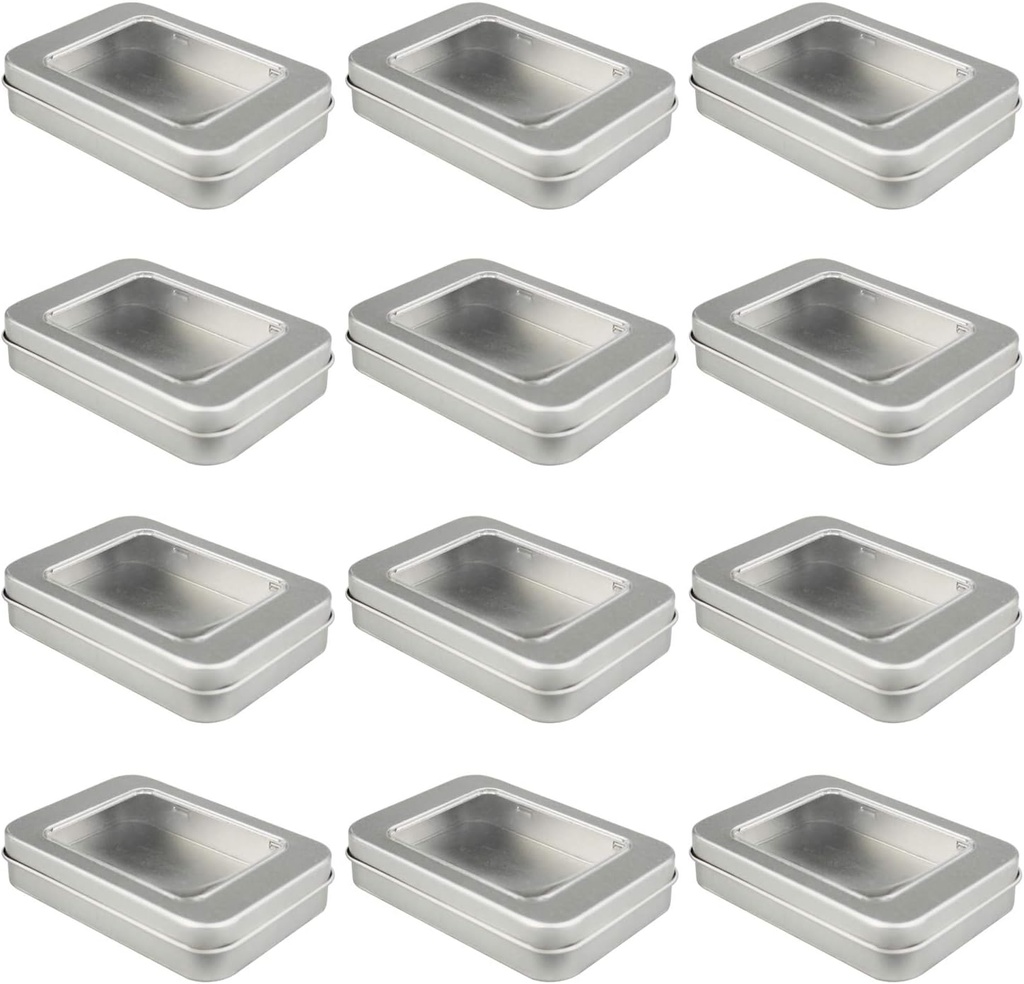 12 Pack Empty Rectangular Metal Storage Organizer Tins with Clear Window Hinged Lids for Candies, Gifts & Treasures (Silver)