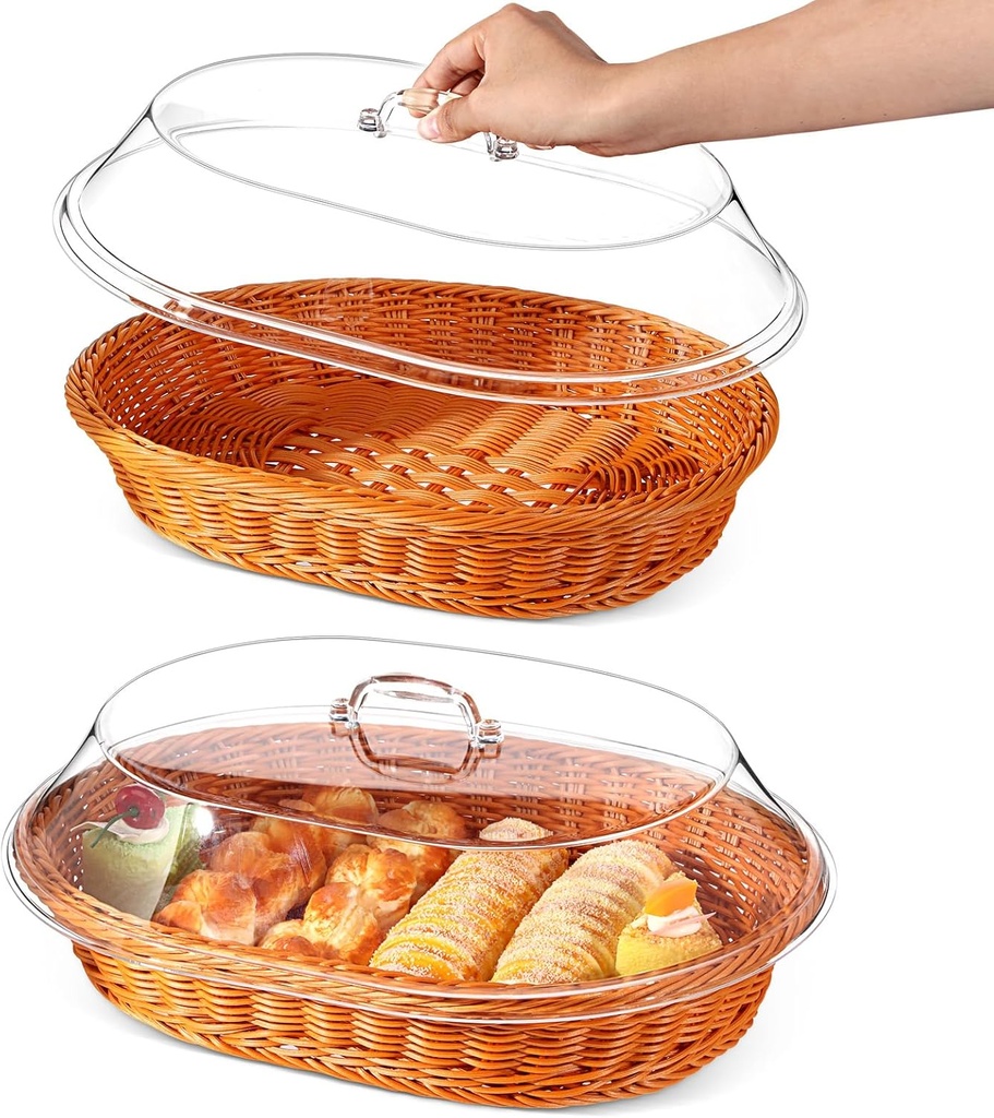 Hushee 2 Set Imitation Rattan Bread Basket with Lid Wicker Bread Baskets for Serving Woven Fruit Basket with Cover Oval Food Baskets for Food Vegetables Display(15.75 x 11.81 Inch)