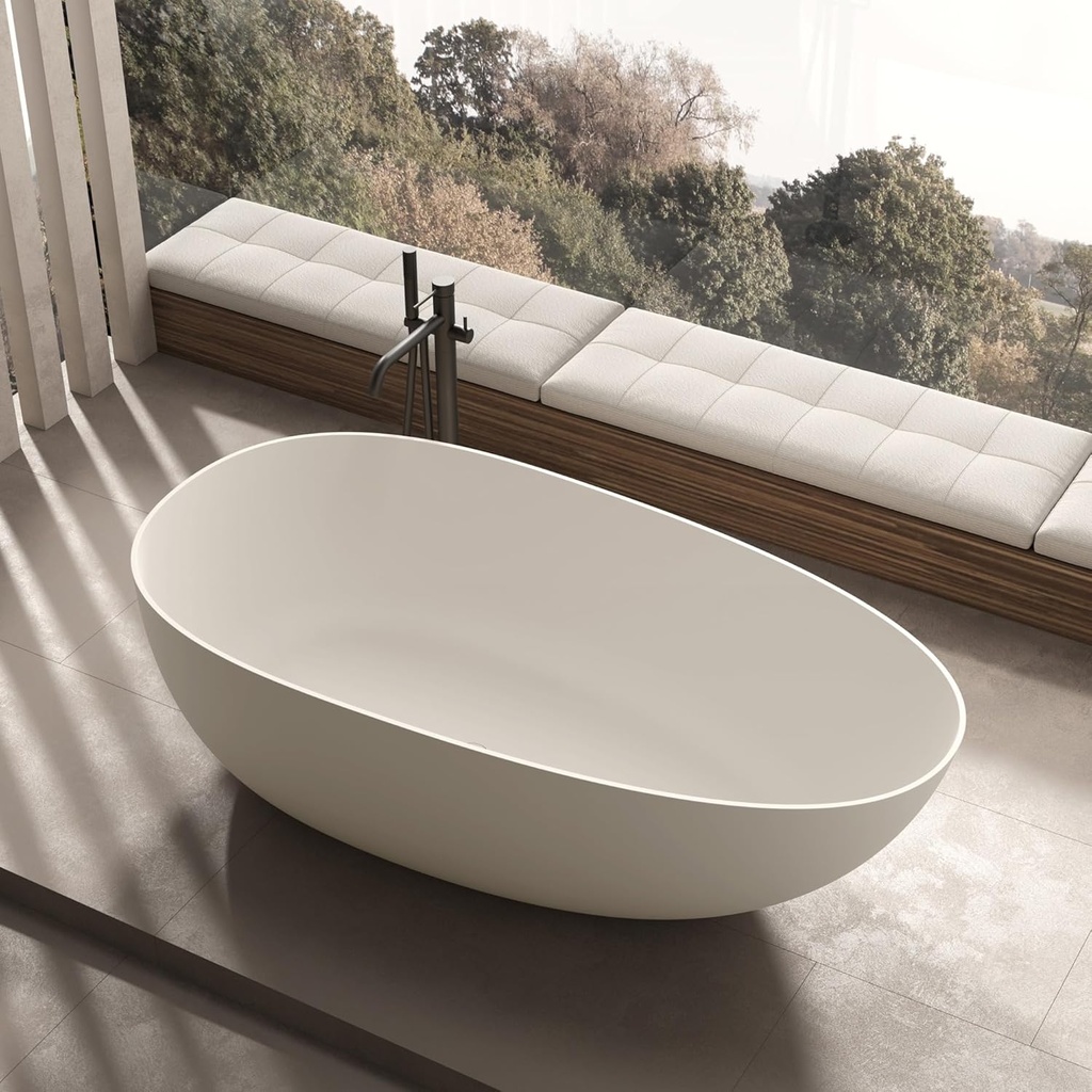 63" Solid Surface Freestanding Bathtub, Modern Oval Shape Soaker Tub, Stone Resin Stand Alone Bathtub with Drain & Integrated Slotted Overflow Matte White,KT-8103-1600