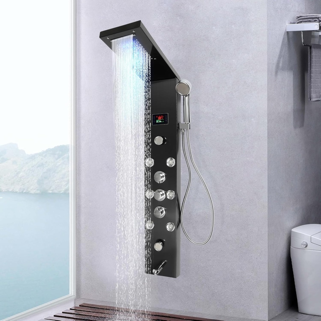 Wall Mount LED Shower Panel Tower System, 6-Function Hydroelectricity Display Rain Massage Full Body Shower System with Jets, Bathroom Shower Tower with LED Rainfall Waterfall Shower Head, Black