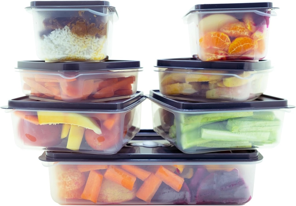 Neez Plastic Food Storage Box With Lids- Clear Containers Air Tight Snap-On Lock for Fridge, Kitchen - Reusable, Stackable, Freezable, Microwavable Organiser Sets (Pack of 7)