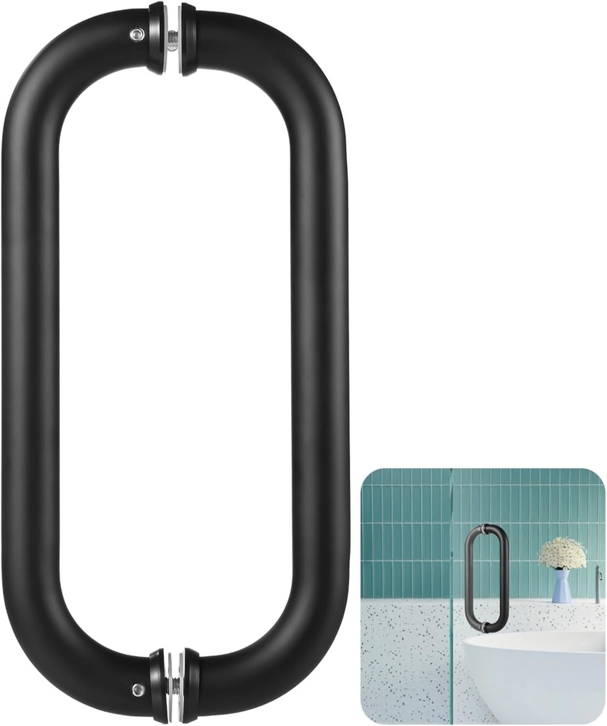 Framless Glass Shower Door Handle, C-Shaped Back-to-Back Pull Handle, Matte Black Stainless Steel Sliding Door Handle, 10.8" Mounting Hole Distance, Door Pull Hardware