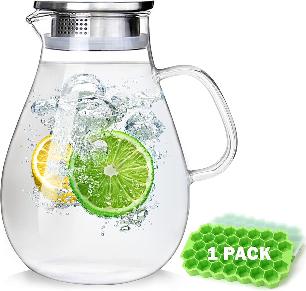 88oz Glass Pitcher with Lid and Handle - High Heat Resistance Glass Water Pitcher for Hot/Cold Water & Iced Tea with Ice Tray (2.6L)