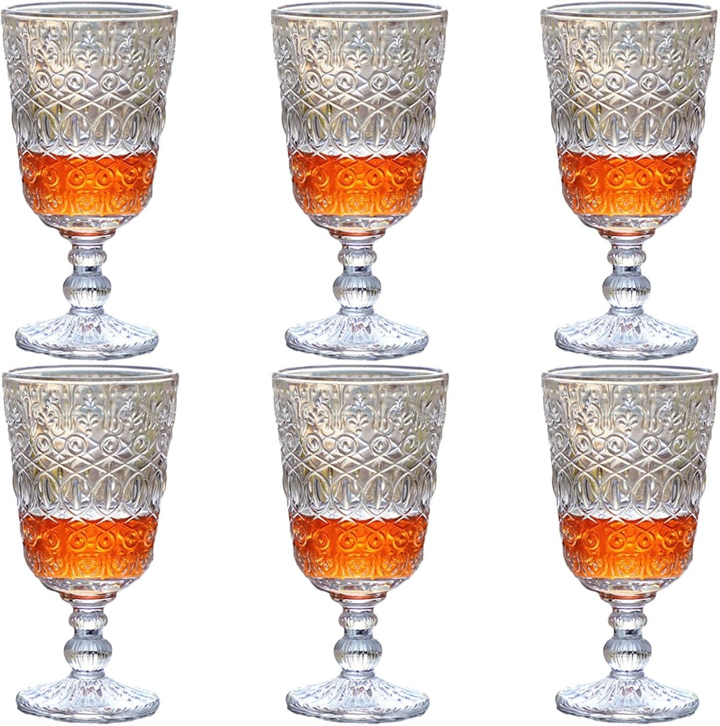 Clear Vintage Drinking Glasses set of 6 Glassware Wine Goblets 10 OZ Pretty Stemmed Cup for Wedding Party Bar
