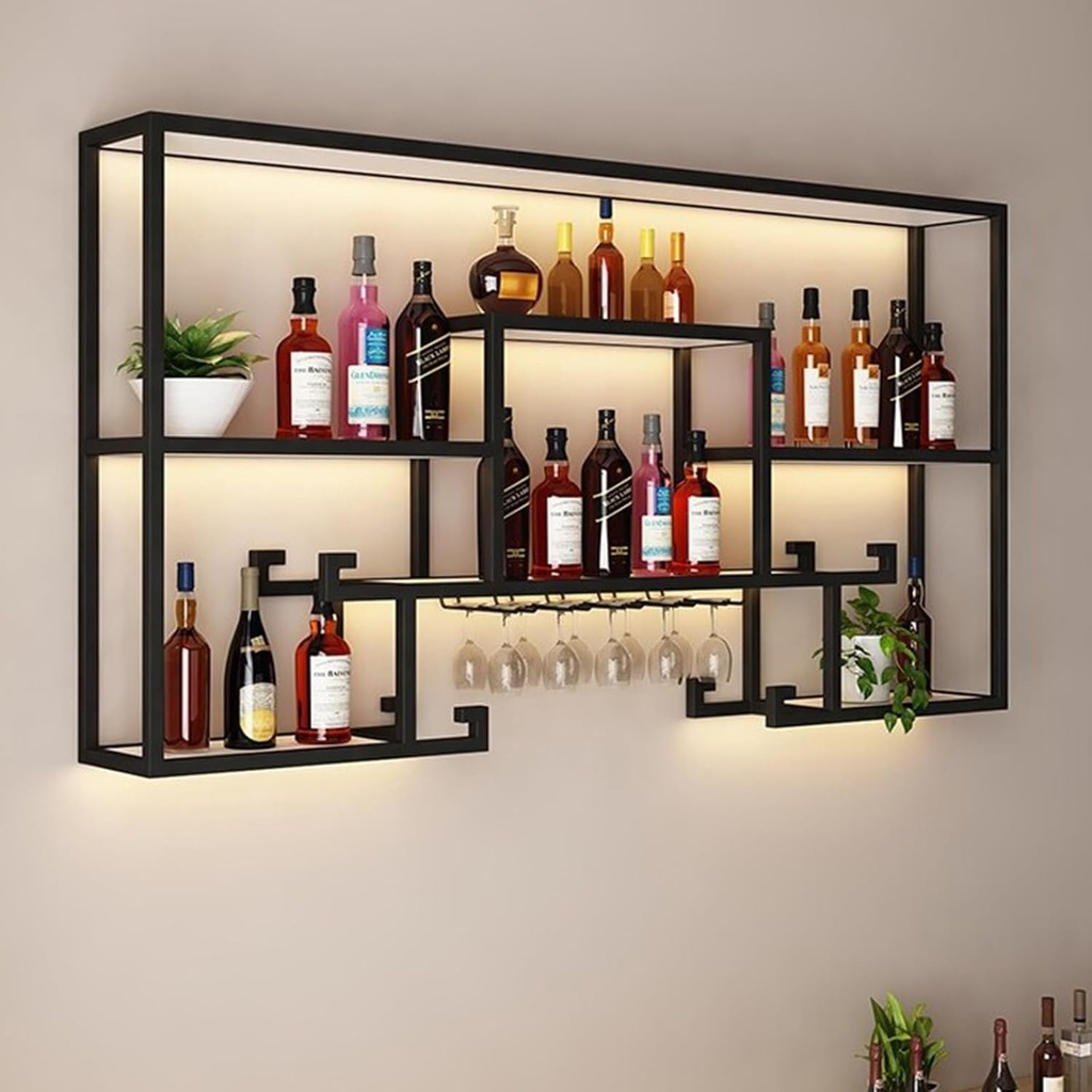Metal Wine Rack Bar Shelves Wall Mounted Kitchen Storage With Wine Glass Holder Liquor Shelf Mini Bar Liquor Bottle Display Shelf, Wine Glass Storage for Kitchen Dining Room Bar Decoration(Black with