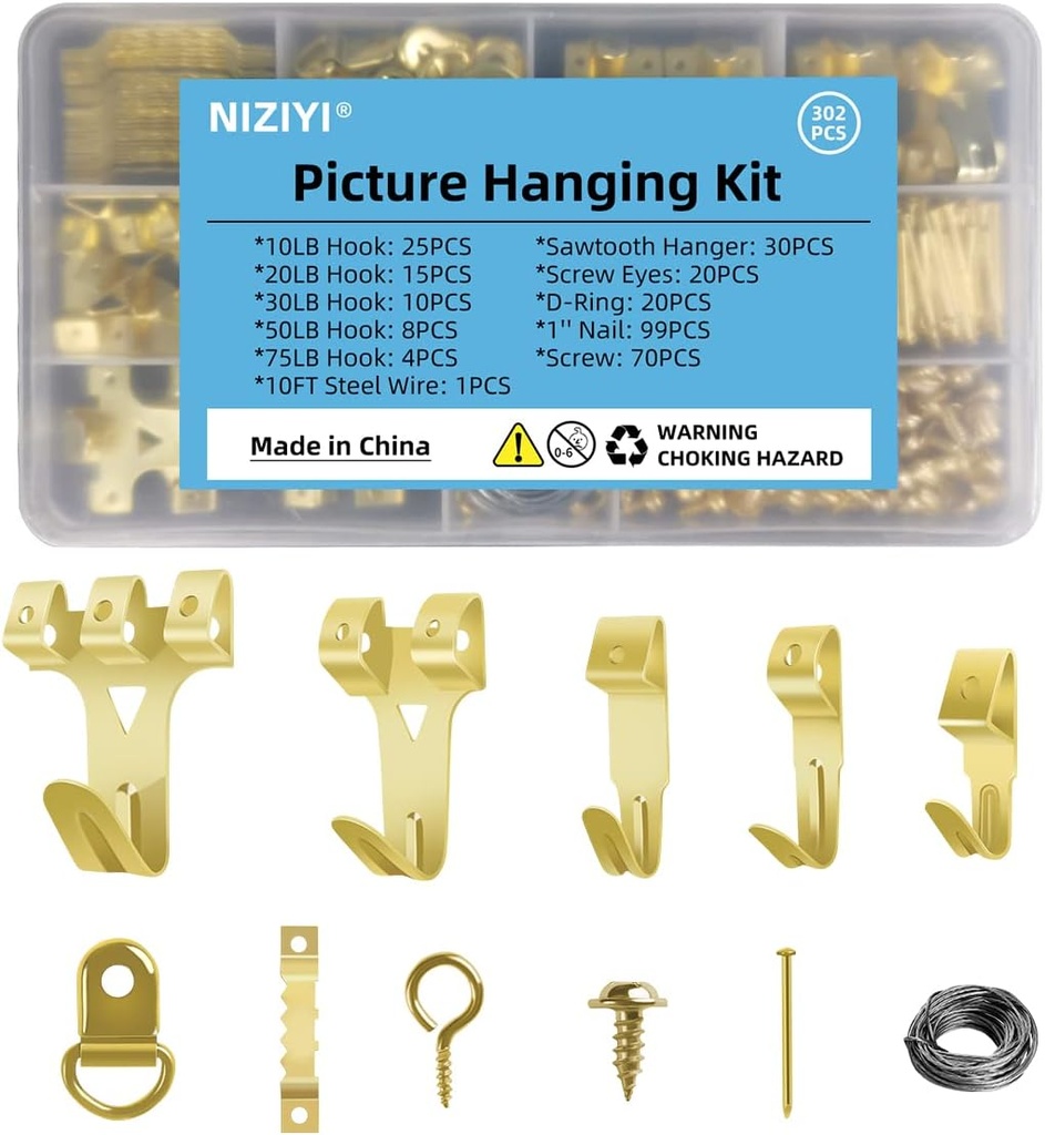 302Pcs Picture Hanging Kit, Heavy Duty Photo Frame Hangers with 10-75lb Hooks, Sawtooth Hardware, Screw Eyes, D Rings, Nails, Screws, Steel Wire for Picture, Painting ,Mirror, Wall Art Mounting